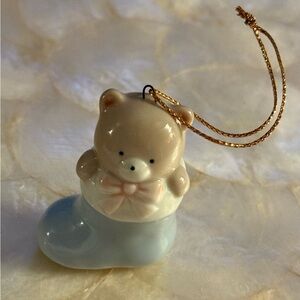 Russ Porcelain Tiny Teddy Bear On Blue Boot figure, Made In Japan